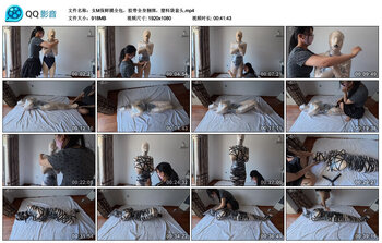 女M保鲜膜全包，胶带全身捆绑，塑料袋套头